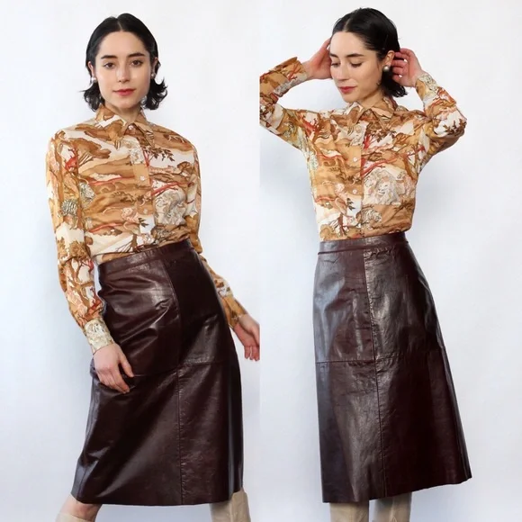 PRICE New GAP Vintage High Waisted Leather Midi Skirt Colour Burgundy Size 8 - Picture 1 of 16